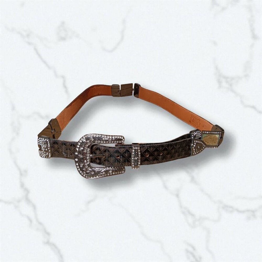 100% Leather Mexican Western Bling Belt Unisex Giant Rhinestone Buckle Size 42